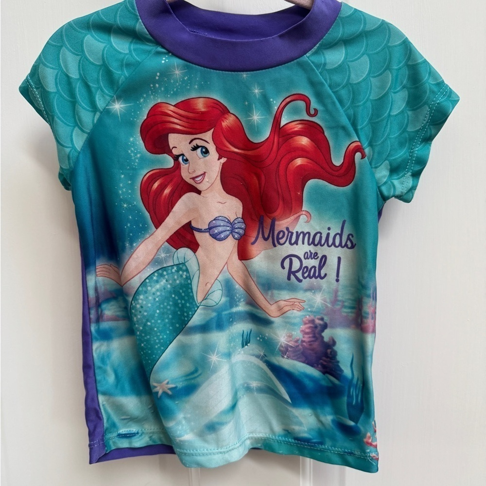 NWOT Disney Princess 3T Ariel Mermaid Swim Rashguard Short Sleeve BathingsuitTop